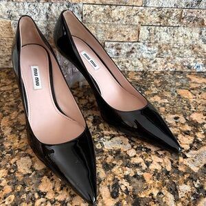 MIU MIU PRADA BLACK PATENT LEATHER CRYSTALS HEEL PUMPS